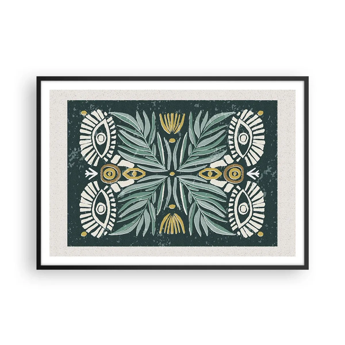 Poster in einem schwarzem Rahmen - Symmetrisches Pflanzenmuster auf grünem Hintergrund - 100x70cm - Wie ein Volksausschnitt - Moderne Wanddekoration für Wohnzimmer und Schlafzimmer ARTTOR