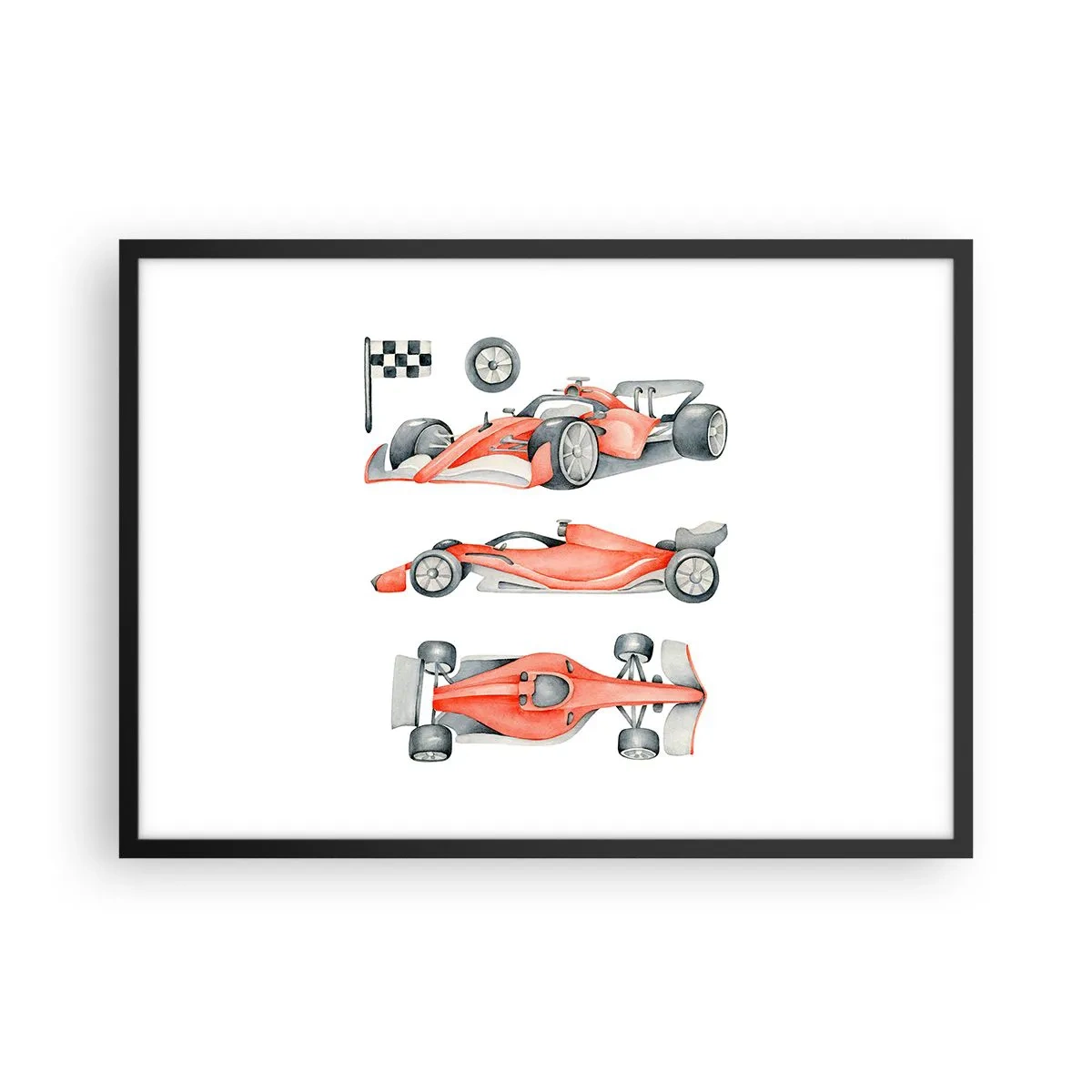 Poster in einem schwarzem Rahmen - Ein roter Rennwagen mit einer Zielflagge - 70x50cm - Dem Traum folgen - Moderne Wanddekoration für Wohnzimmer und Schlafzimmer ARTTOR