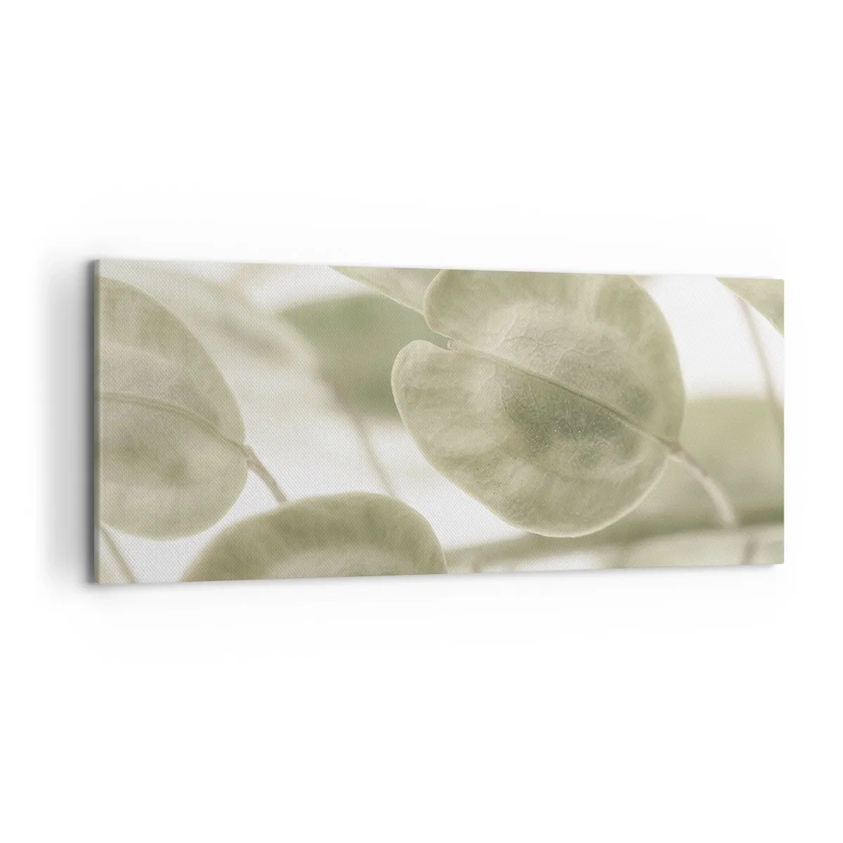 Bild auf Leinwand - Leinwandbild - Ein zartes Gemälde von Blättern in pastellfarbenen Grüntönen auf hellem Hintergrund. - 120x50cm - Am Anfang waren Blätter... - Moderne Wanddekoration für Wohnzimmer und Schlafzimmer ARTTOR