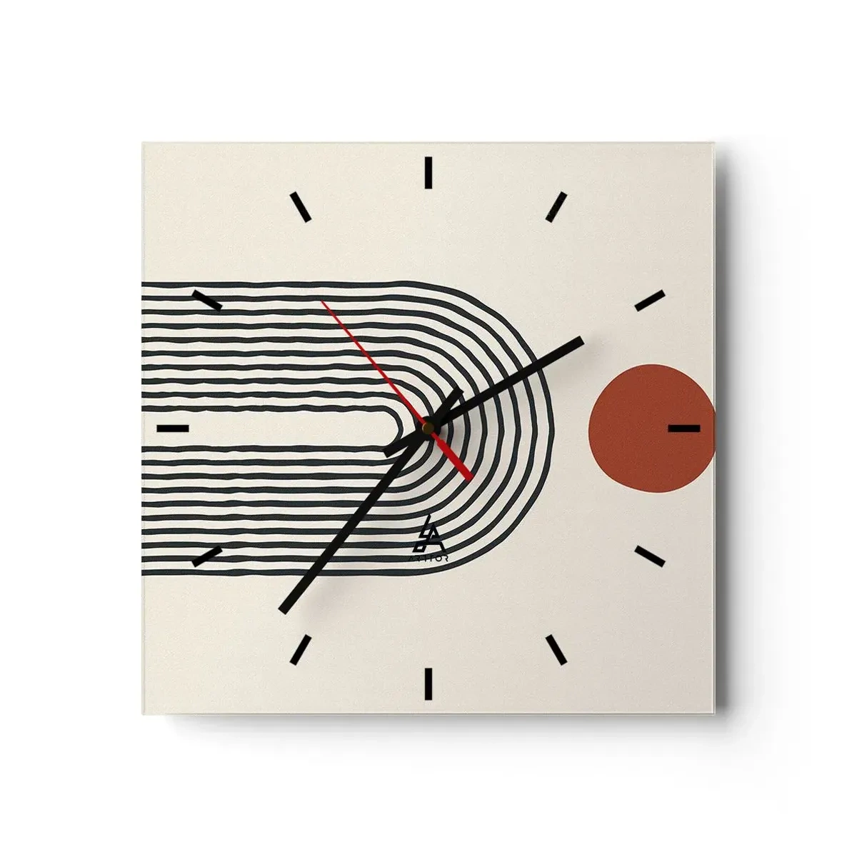 Wanduhr - Glasuhr - Modernes abstraktes Muster mit Linien und einem roten Kreis - 30x30cm - Magnetismus von Formen und Farben - Moderne Wanddekoration für Wohnzimmer und Schlafzimmer ARTTOR