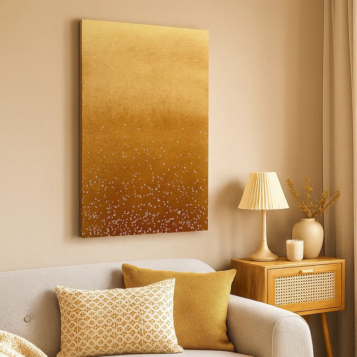 Bild auf Leinwand - Leinwandbild - Ein goldener Farbverlauf mit dezentem Schimmer und Verzierung - 50x70cm - Die Geburt des Lichts - Moderne Wanddekoration für Wohnzimmer und Schlafzimmer ARTTOR