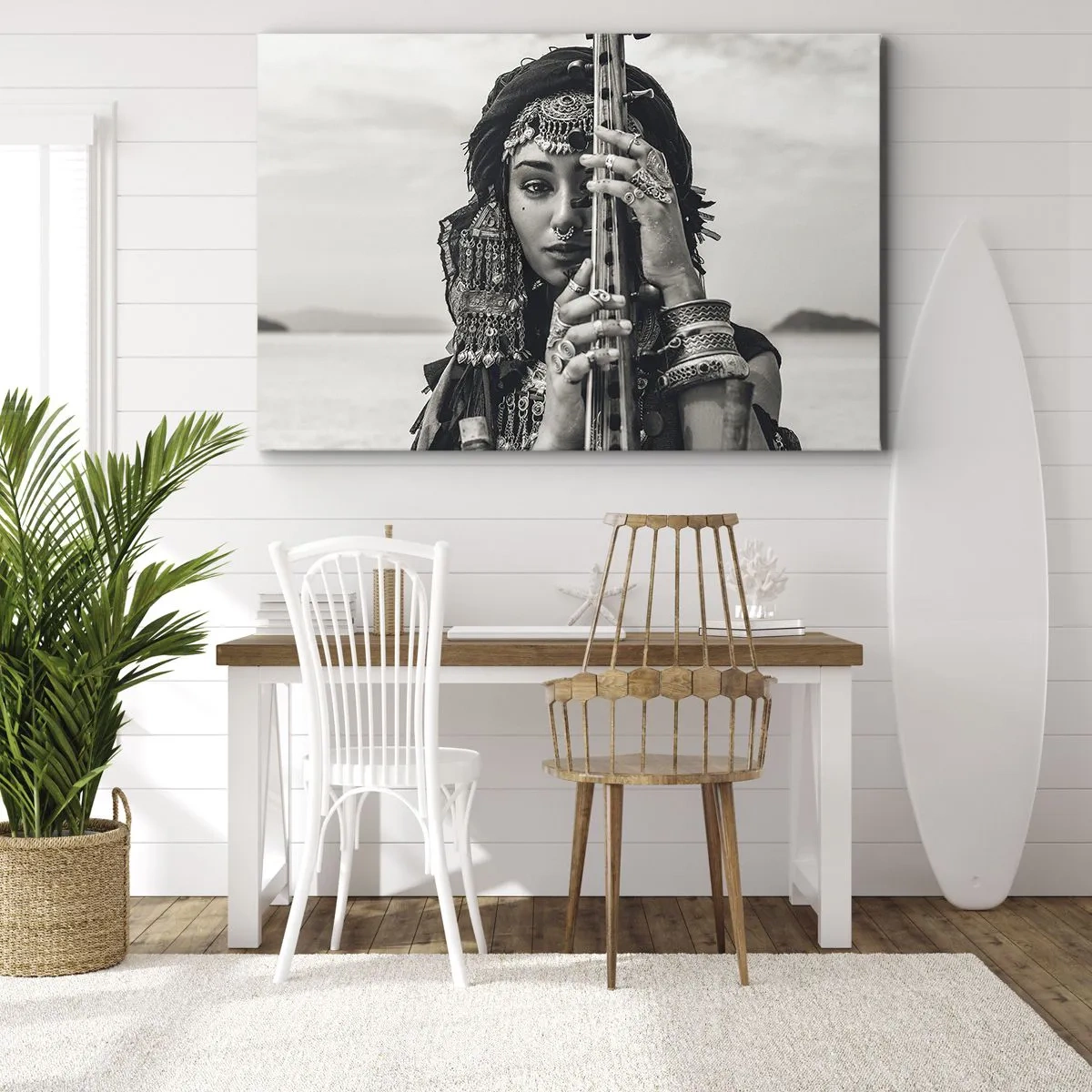Bild auf Leinwand - Leinwandbild - Porträt einer Frau mit ethnischem Schmuck, die ein Instrument in der Hand hält - 70x50cm - Die Musik des Orients selbst - Moderne Wanddekoration für Wohnzimmer und Schlafzimmer ARTTOR