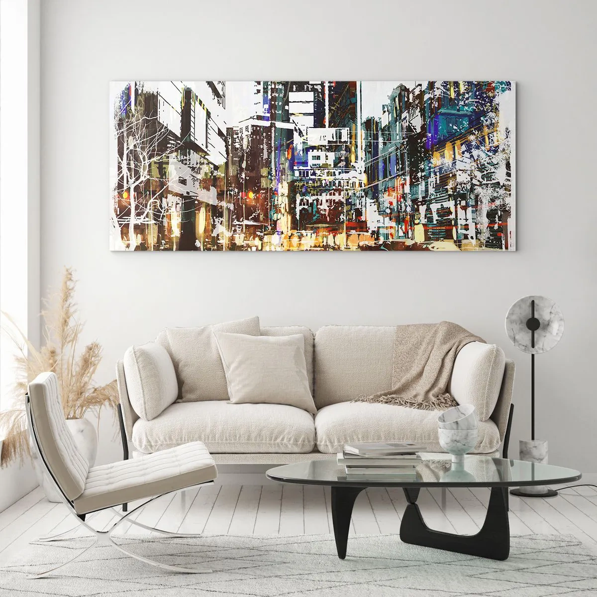 Glasbild - Bild auf glas - Eine moderne Stadtlandschaft im künstlerischen Stil - 120x50cm - Eine schillernde Stadt - Moderne Wanddekoration für Wohnzimmer und Schlafzimmer ARTTOR