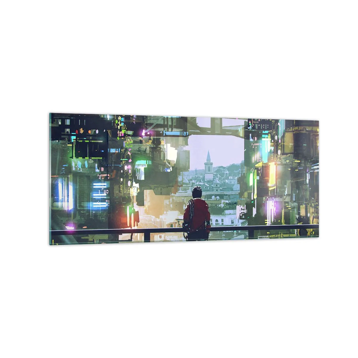 Glasbild - Bild auf glas - Eine Figur in einer futuristischen Stadt mit Neonlichtern - 120x50cm - Zwei Welten - Moderne Wanddekoration für Wohnzimmer und Schlafzimmer ARTTOR