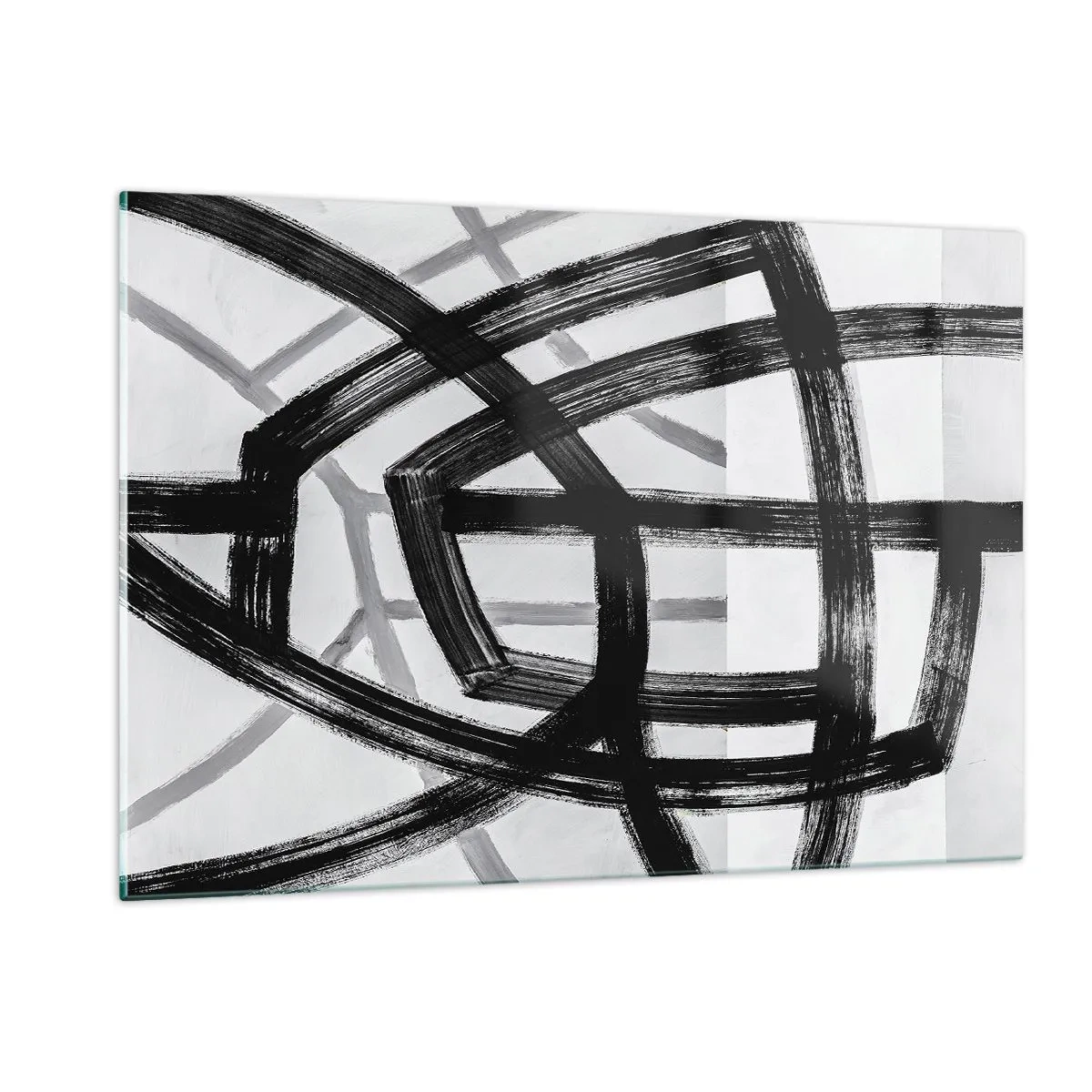 Glasbild - Bild auf glas - Schwarze und graue Pinselstriche erzeugen ein dynamisches Liniennetz. - 120x80cm - Bautiefe - Moderne Wanddekoration für Wohnzimmer und Schlafzimmer ARTTOR