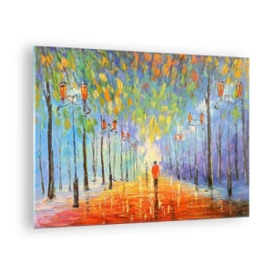 Glasbild - Bild auf glas - Ein farbenfroher Park mit einer Allee und Laternen im malerischen Stil - 70x50cm - Nachtlied des Regens - Moderne Wanddekoration für Wohnzimmer und Schlafzimmer ARTTOR