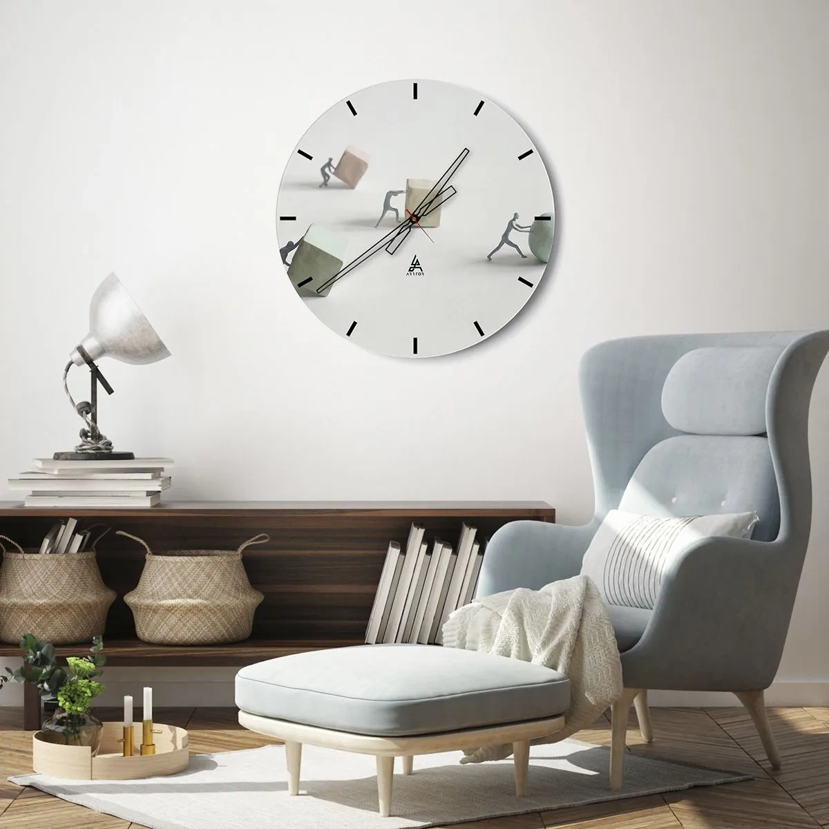 Wanduhr - Glasuhr - Figuren, die Würfel und einen Ball schieben, symbolisieren Anstrengung - 30x30cm - Pures Leben - Moderne Wanddekoration für Wohnzimmer, Küche und Schlafzimmer ARTTOR