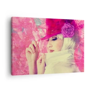 Bild auf Leinwand - Leinwandbild - Stilvolle Frau mit rosa Hut und Blume - 70x50cm - Retro-Porträt in einem rosa Nebel - Moderne Wanddekoration für Wohnzimmer und Schlafzimmer ARTTOR