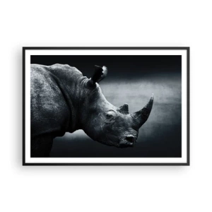 Poster in einem schwarzem Rahmen - Schwarz-Weiß-Porträt eines Nashorns vor dunklem Hintergrund - 100x70cm - Richtiges Profil - Moderne Wanddekoration für Wohnzimmer und Schlafzimmer ARTTOR