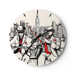Wanduhr - Glasuhr - Ein Zifferblatt mit einem Motiv von Jazzmusikern vor der Kulisse von New York City - 30x30cm - New Yorker Improvisation - Moderne Wanddekoration für Wohnzimmer, Küche und Schlafzimmer ARTTOR