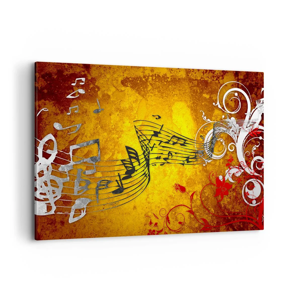 Bild auf Leinwand - Leinwandbild - Abstrakte Musiknoten auf einem bunten Hintergrund mit Ornamenten - 120x80cm - Lass die Musik fließen - Moderne Wanddekoration für Wohnzimmer und Schlafzimmer ARTTOR