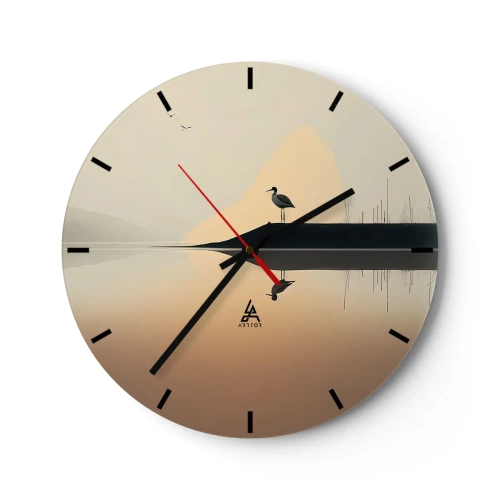 Wanduhr - Glasuhr - Silhouette eines Vogels auf einem Felsen über einem ruhigen See im Morgengrauen - 30x30cm - Herr am See - Moderne Wanddekoration für Wohnzimmer, Küche und Schlafzimmer ARTTOR