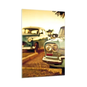 Glasbild - Bild auf glas - Retro-Autos im warmen Abendlicht - 50x70cm - Wir werden abwarten und sehen - Moderne Wanddekoration für Wohnzimmer und Schlafzimmer ARTTOR