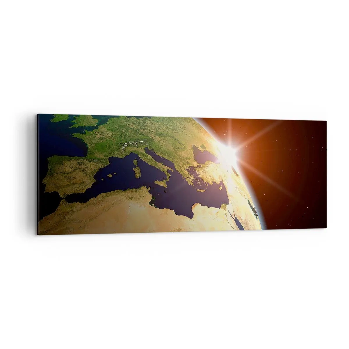 Bild auf Leinwand - Leinwandbild - Blick auf die Erde aus dem Weltraum mit Sonnenstrahlen am Horizont - 140x50cm - Sonnenaufgang - Moderne Wanddekoration für Wohnzimmer und Schlafzimmer ARTTOR