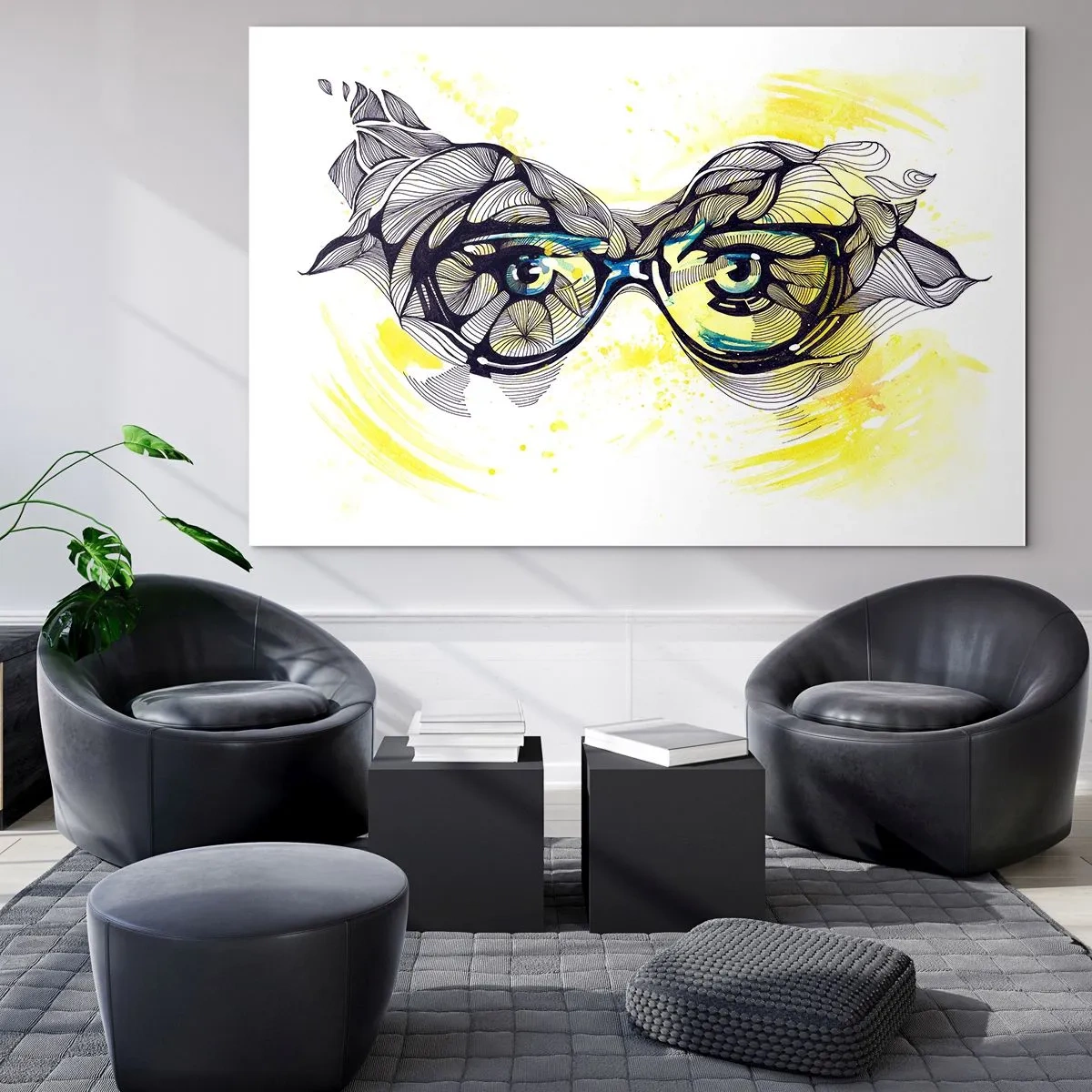 Glasbild - Bild auf glas - Brille mit kunstvollen Mustern und Augen auf gelb getöntem Hintergrund - 70x50cm - Durch blaue Brille - Moderne Wanddekoration für Wohnzimmer und Schlafzimmer ARTTOR