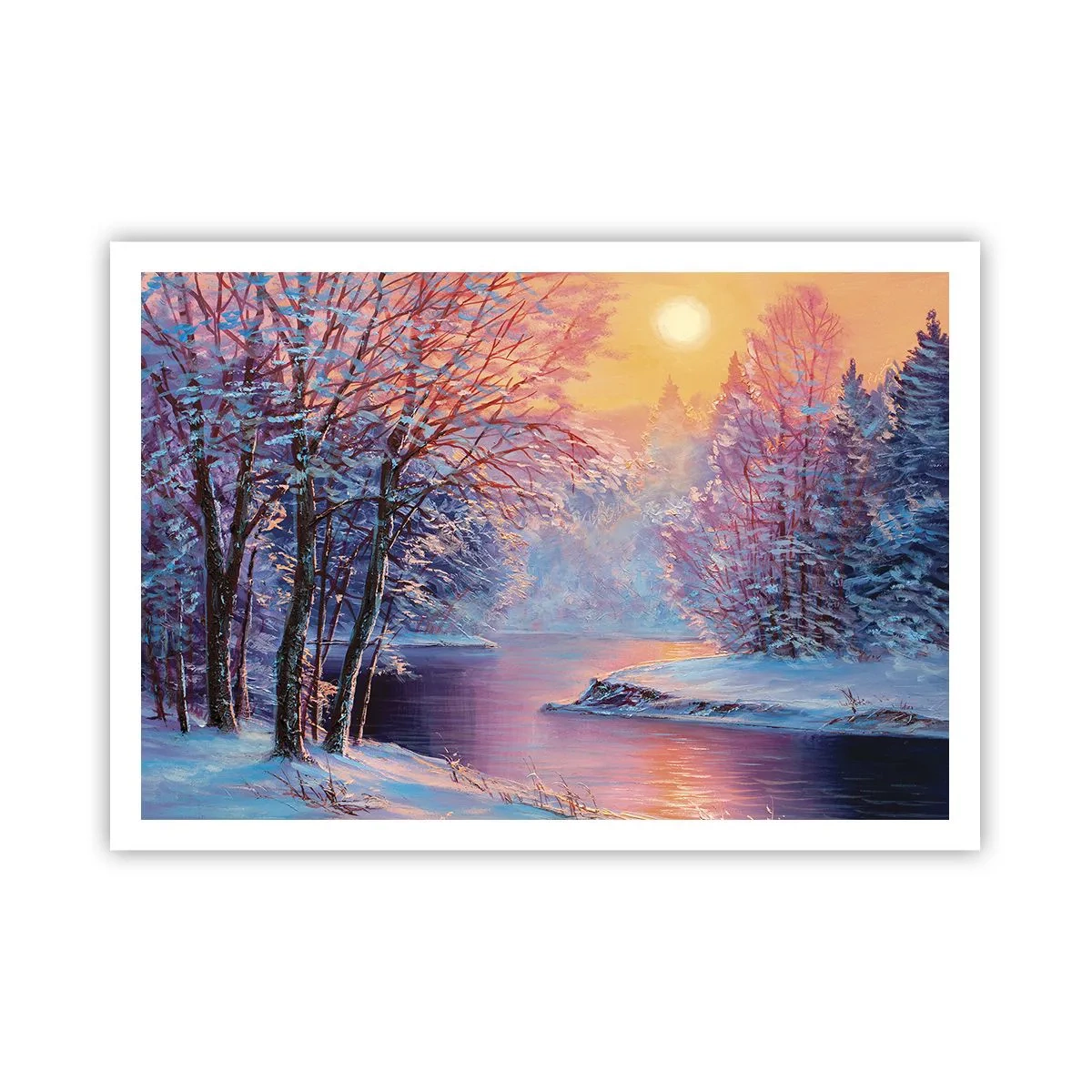 Poster - Winterlandschaft mit Fluss und Bäumen bei Sonnenaufgang - 100x70cm - Die Farben des Winters - Moderne Wanddekoration für Wohnzimmer und Schlafzimmer ARTTOR