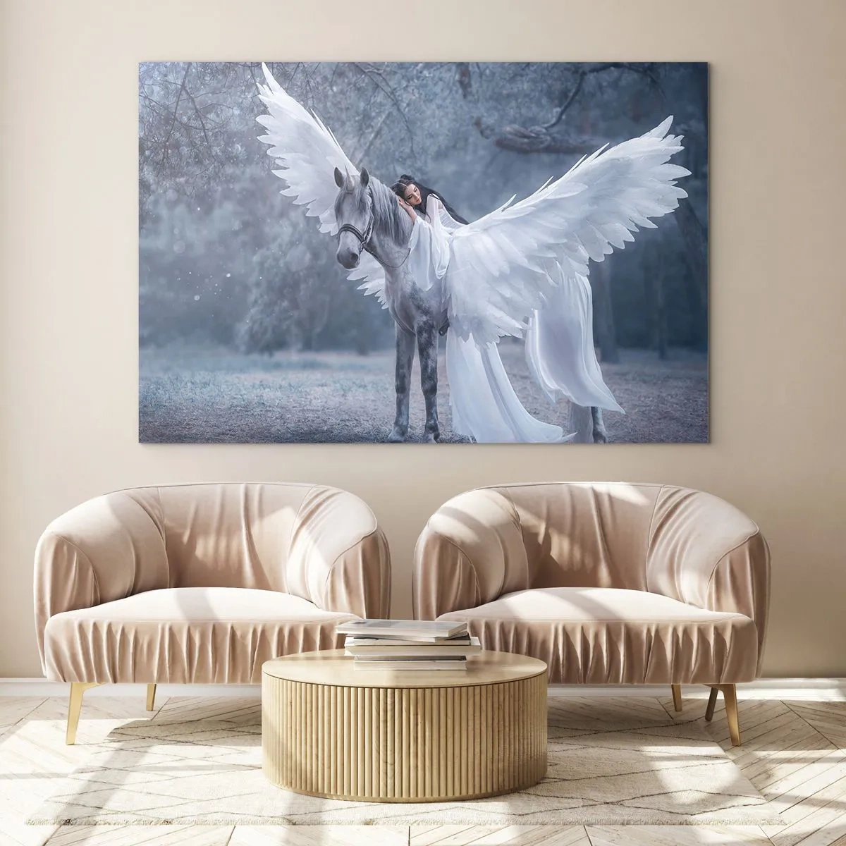Glasbild - Bild auf glas - Pegasus mit weißen Flügeln und eine Frau in einem Kleid in einem mystischen Wald - 70x50cm - Ein inspirierter Moment - Moderne Wanddekoration für Wohnzimmer und Schlafzimmer ARTTOR