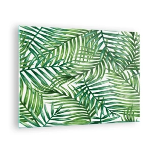 Glasbild - Bild auf glas - Grüne Palmblätter auf weißem Hintergrund erzeugen ein geometrisches Muster - 70x50cm - Unter dem grünen Baldachin - Moderne Wanddekoration für Wohnzimmer und Schlafzimmer ARTTOR