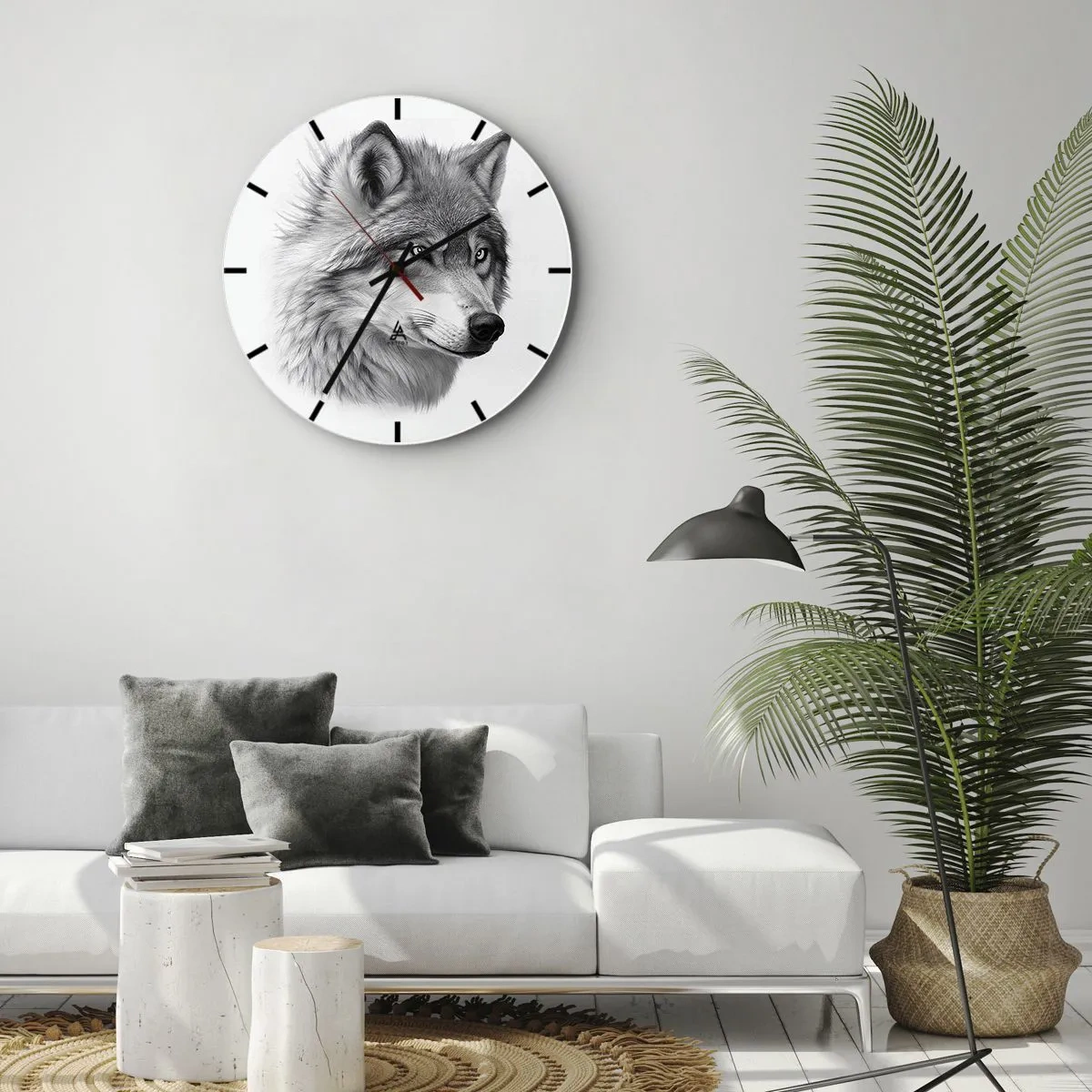 Wanduhr - Glasuhr - Ein Schwarz-Weiß-Porträt eines Wolfes mit durchdringendem Blick. - 30x30cm - Alpha – ohne Zweifel - Moderne Wanddekoration für Wohnzimmer, Küche und Schlafzimmer ARTTOR