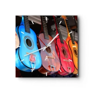 Wanduhr - Glasuhr - Bunte Akustikgitarren hängen in einer Reihe auf dem Display - 30x30cm - Lateinische Atmosphäre - Moderne Wanddekoration für Wohnzimmer und Schlafzimmer ARTTOR