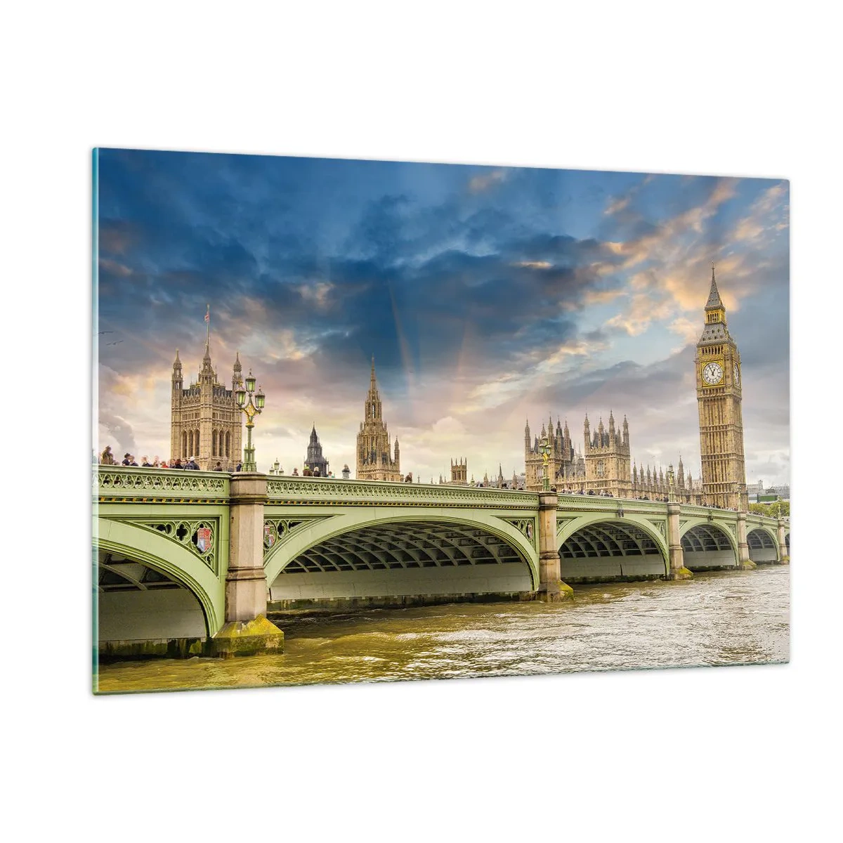 Glasbild - Bild auf glas - Big Ben und Westminster Bridge bei Sonnenuntergang - 120x80cm - Im Imperium ist die Zeit stehen geblieben - Moderne Wanddekoration für Wohnzimmer und Schlafzimmer ARTTOR