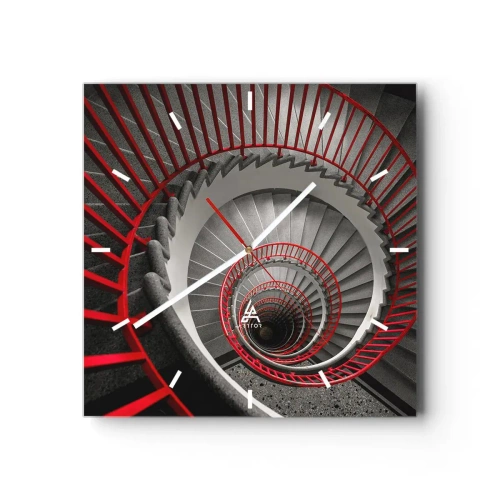 Wanduhr - Glasuhr - Wendeltreppe mit roten Handläufen in dynamischer Perspektive - 30x30cm - Architekturspaß - Moderne Wanddekoration für Wohnzimmer und Schlafzimmer ARTTOR