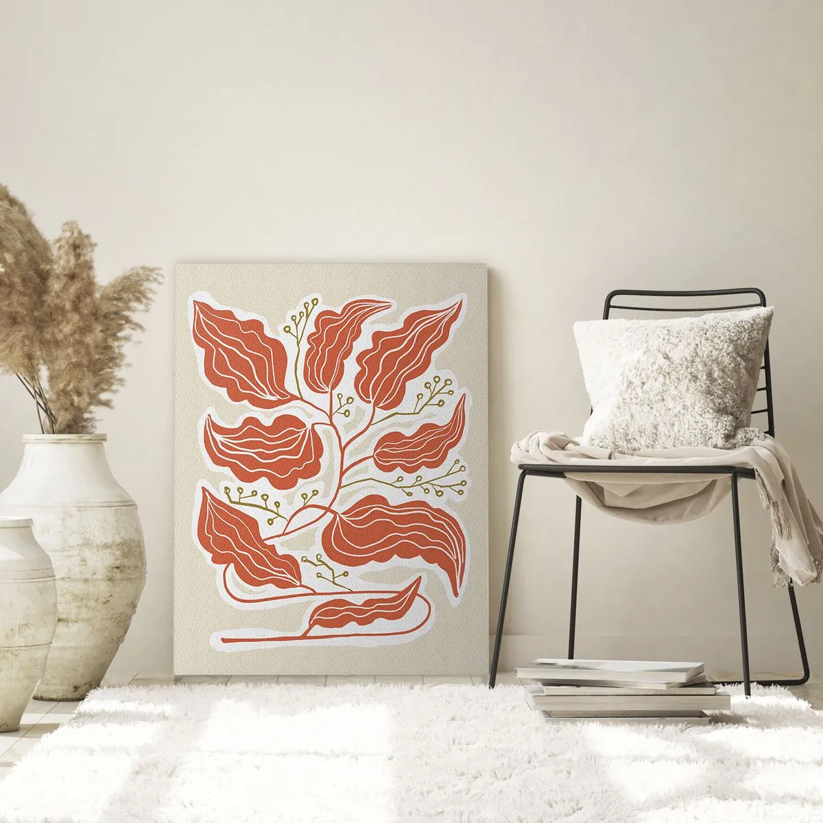 Glasbild - Bild auf glas - Korallenblätter mit volkstümlichem Muster auf hellem Hintergrund - 50x70cm - Im Folkstil und korallenartig - Moderne Wanddekoration für Wohnzimmer und Schlafzimmer ARTTOR