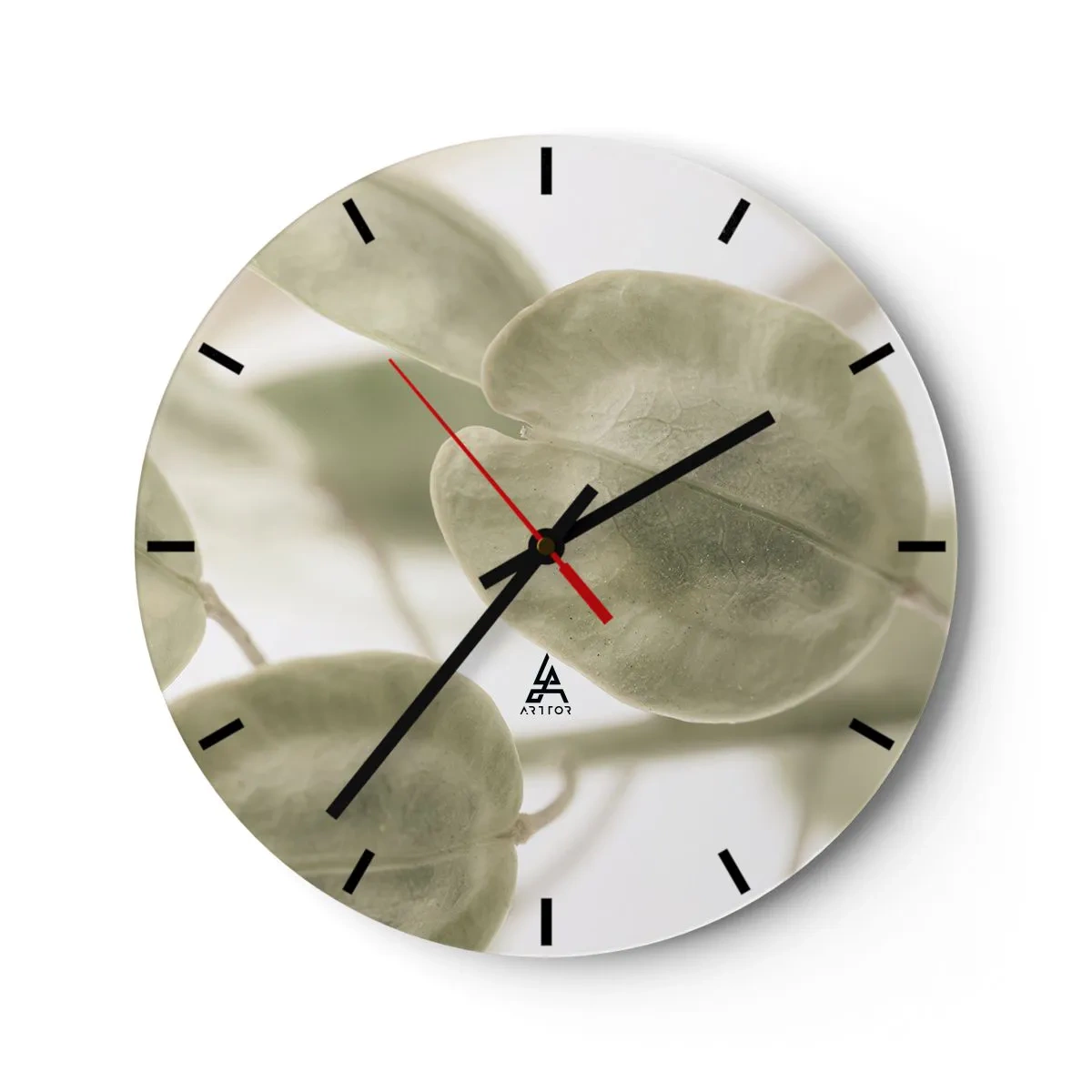 Wanduhr - Glasuhr - Dezente pastellgrüne Blätter auf hellem Hintergrund - 30x30cm - Am Anfang waren Blätter... - Moderne Wanddekoration für Wohnzimmer, Küche und Schlafzimmer ARTTOR