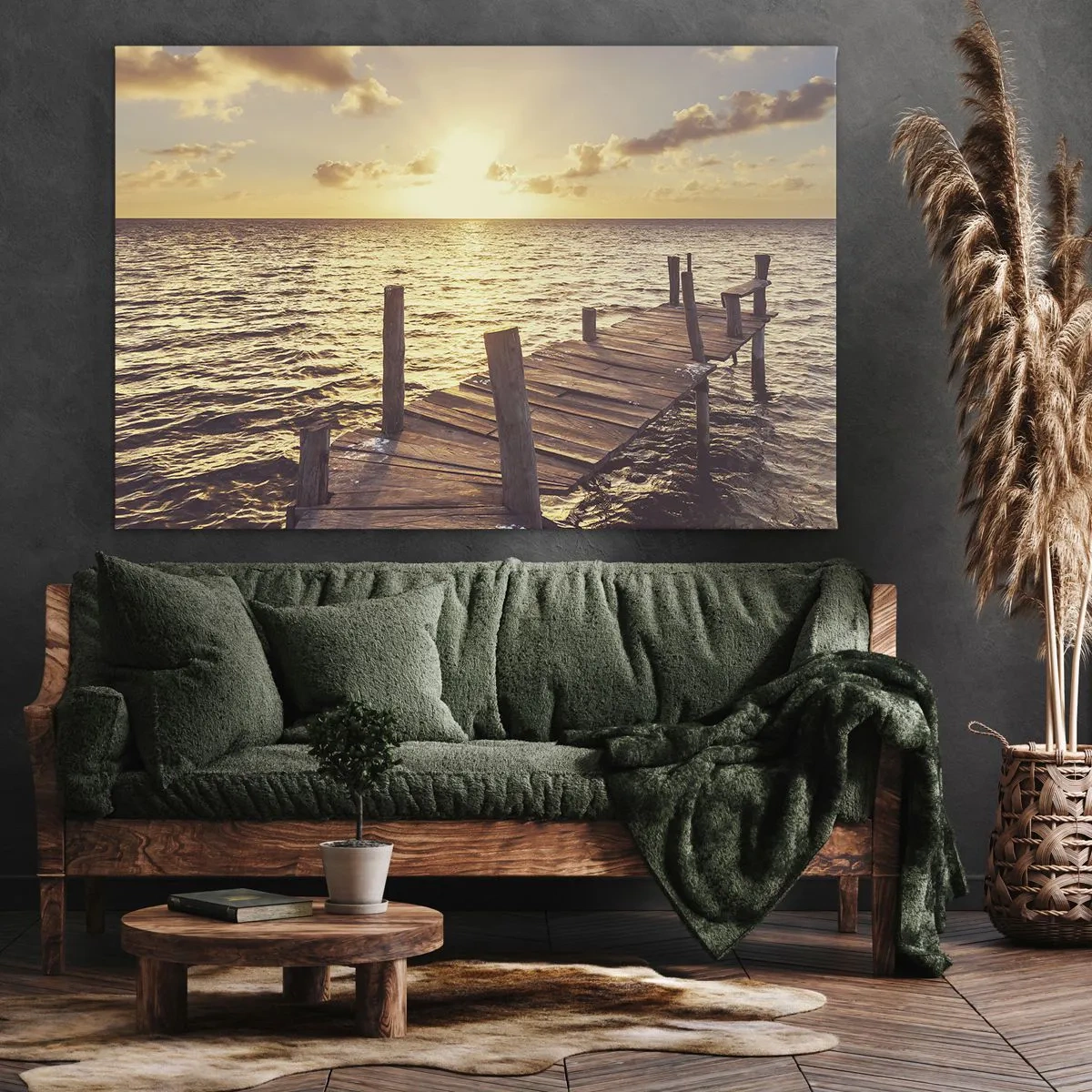 Bild auf Leinwand - Leinwandbild - Ein Holzsteg führt in Richtung Sonnenuntergang - 100x70cm - Das goldene Land der Sanftmut - Moderne Wanddekoration für Wohnzimmer und Schlafzimmer ARTTOR