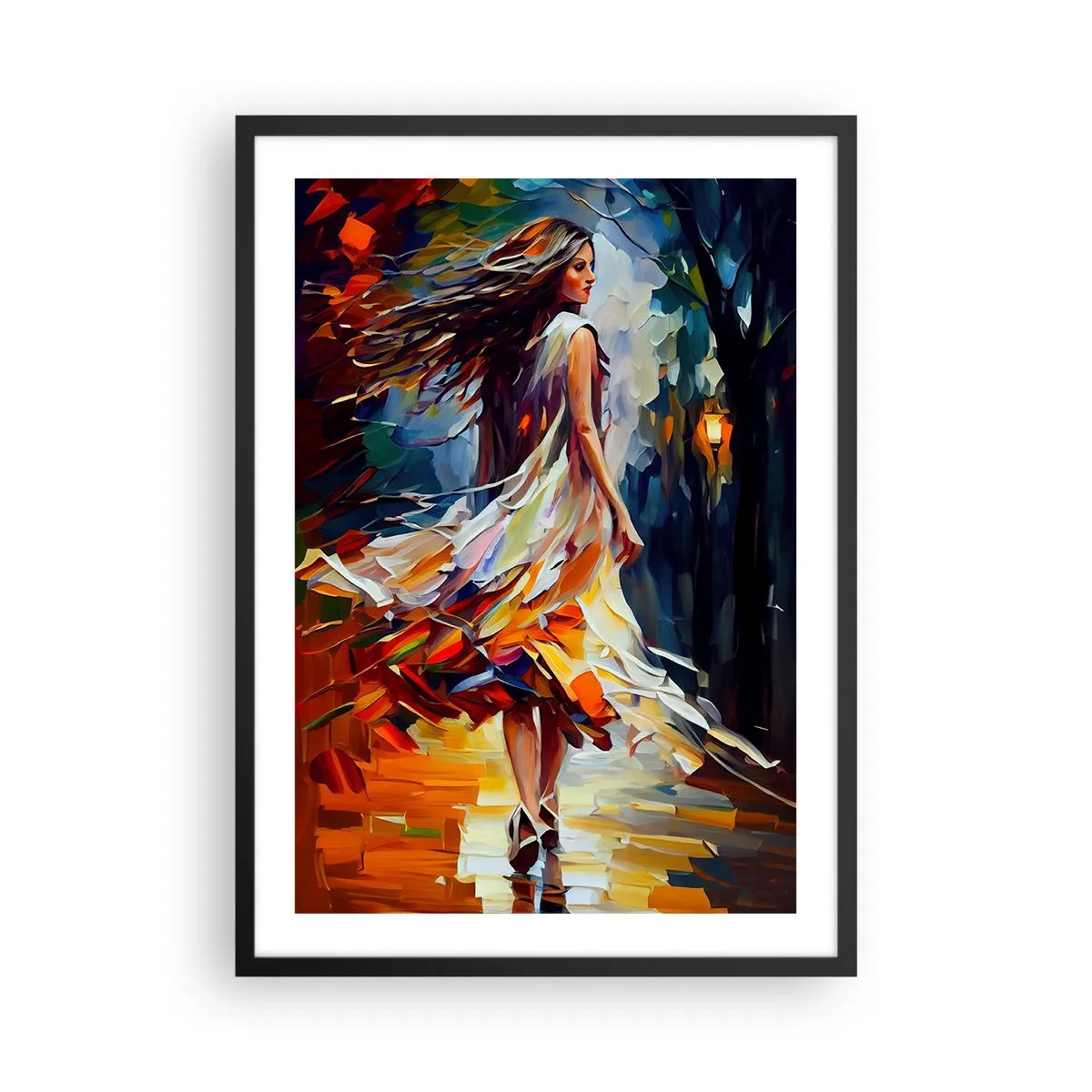 Poster in einem schwarzem Rahmen - Eine Frau tanzt zwischen bunten Herbstblättern - 50x70cm - Herbstmädchen - Moderne Wanddekoration für Wohnzimmer und Schlafzimmer ARTTOR