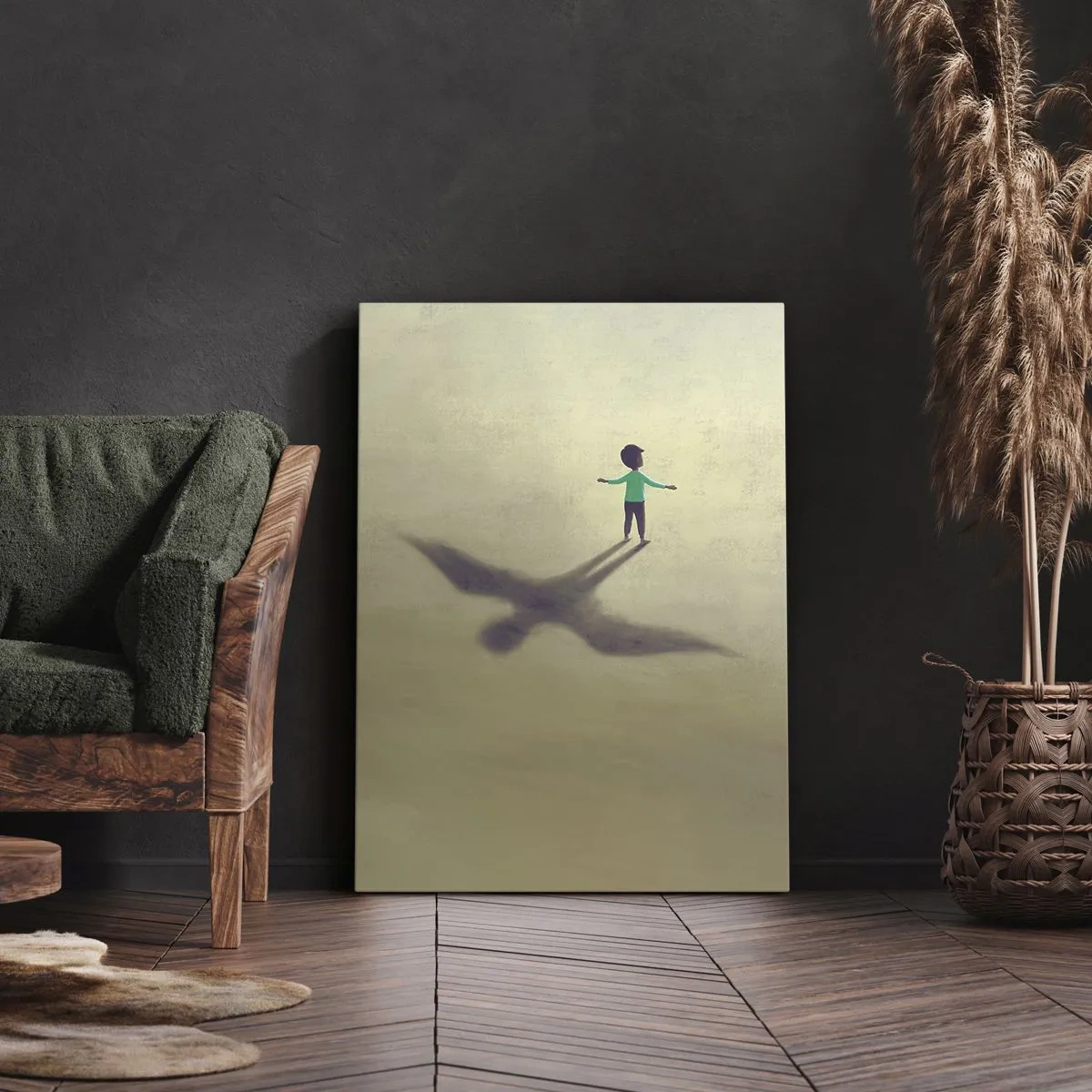 Bild auf Leinwand - Leinwandbild - Eine symbolische Figur eines Kindes mit dem Schatten eines Vogels vor einem Hintergrund in warmen Farbtönen. - 50x70cm - Der Held der Zukunft - Moderne Wanddekoration für Wohnzimmer und Schlafzimmer ARTTOR