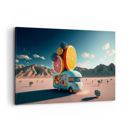 Bild auf Leinwand - Leinwandbild - Obstwagen in einer Wüstenlandschaft - 100x70cm - Geschmack von Urlaub - Moderne Wanddekoration für Wohnzimmer und Schlafzimmer ARTTOR