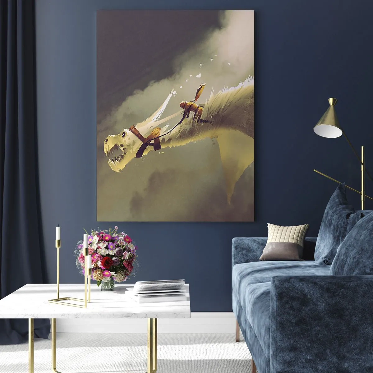 Glasbild - Bild auf glas - Eine Figur auf dem Rücken eines weißen Drachen in einer nebligen Landschaft - 50x70cm - Die Welt zur Rettung - Moderne Wanddekoration für Wohnzimmer und Schlafzimmer ARTTOR