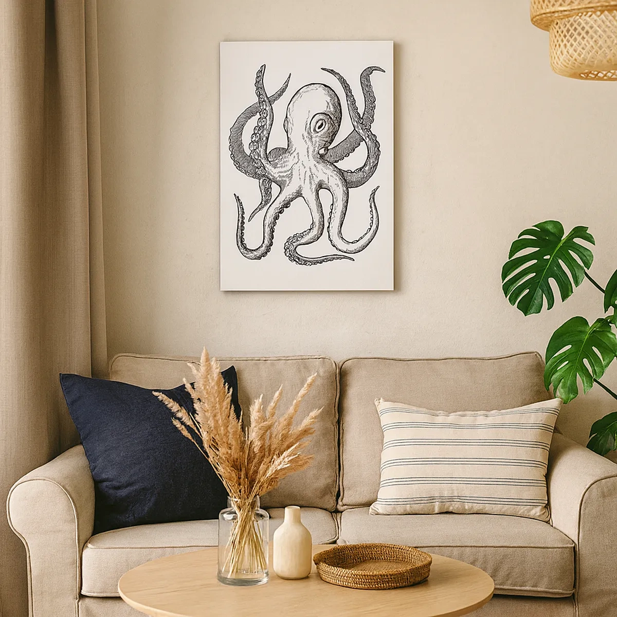 Bild auf Leinwand - Leinwandbild - Schwarz-weiße Zeichnung eines Oktopus auf weißem Hintergrund im Vintage-Stil - 50x70cm - Mit den Wellen tanzen - Moderne Wanddekoration für Wohnzimmer und Schlafzimmer ARTTOR
