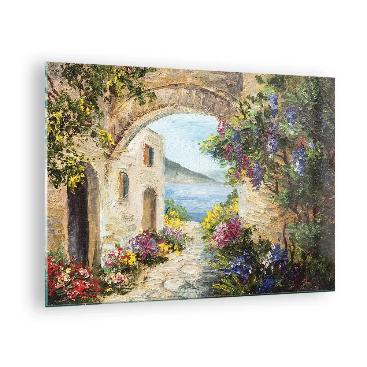 Glasbild - Bild auf glas - Eine malerische Straße mit Blick auf den See - 70x50cm - Charme einer Küstenprovinz - Moderne Wanddekoration für Wohnzimmer und Schlafzimmer ARTTOR