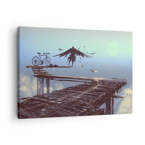 Bild auf Leinwand - Leinwandbild - Eine Figur mit Federn schwebt über einer Holzbrücke neben einem Fahrrad. - 70x50cm - Ikarus lebt für immer - Moderne Wanddekoration für Wohnzimmer und Schlafzimmer ARTTOR