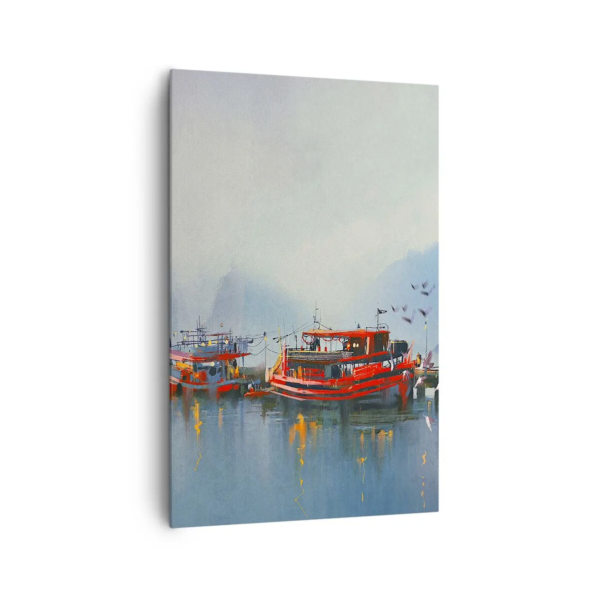 Bild auf Leinwand - Leinwandbild - Ein Hafen mit roten Booten, umgeben von einer nebligen Landschaft - 80x120cm - Am Ende der Welt - Moderne Wanddekoration für Wohnzimmer und Schlafzimmer ARTTOR