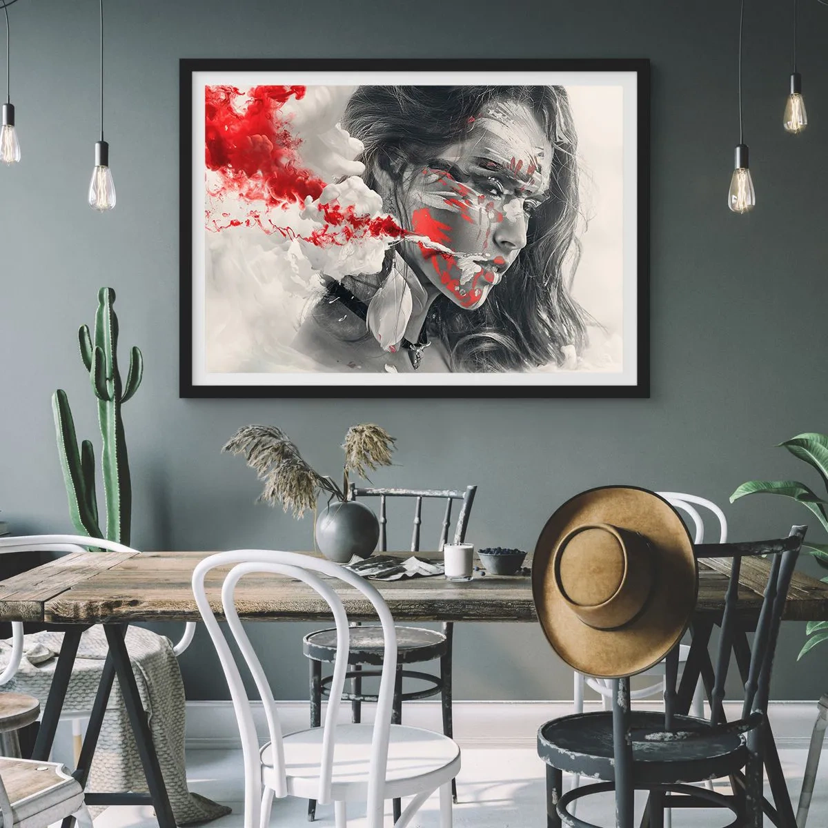 Poster in einem schwarzem Rahmen - Künstlerisches Frauenportrait mit abstrakten roten Akzenten - 70x50cm - Im Dunst der Absurdität - Moderne Wanddekoration für Wohnzimmer und Schlafzimmer ARTTOR