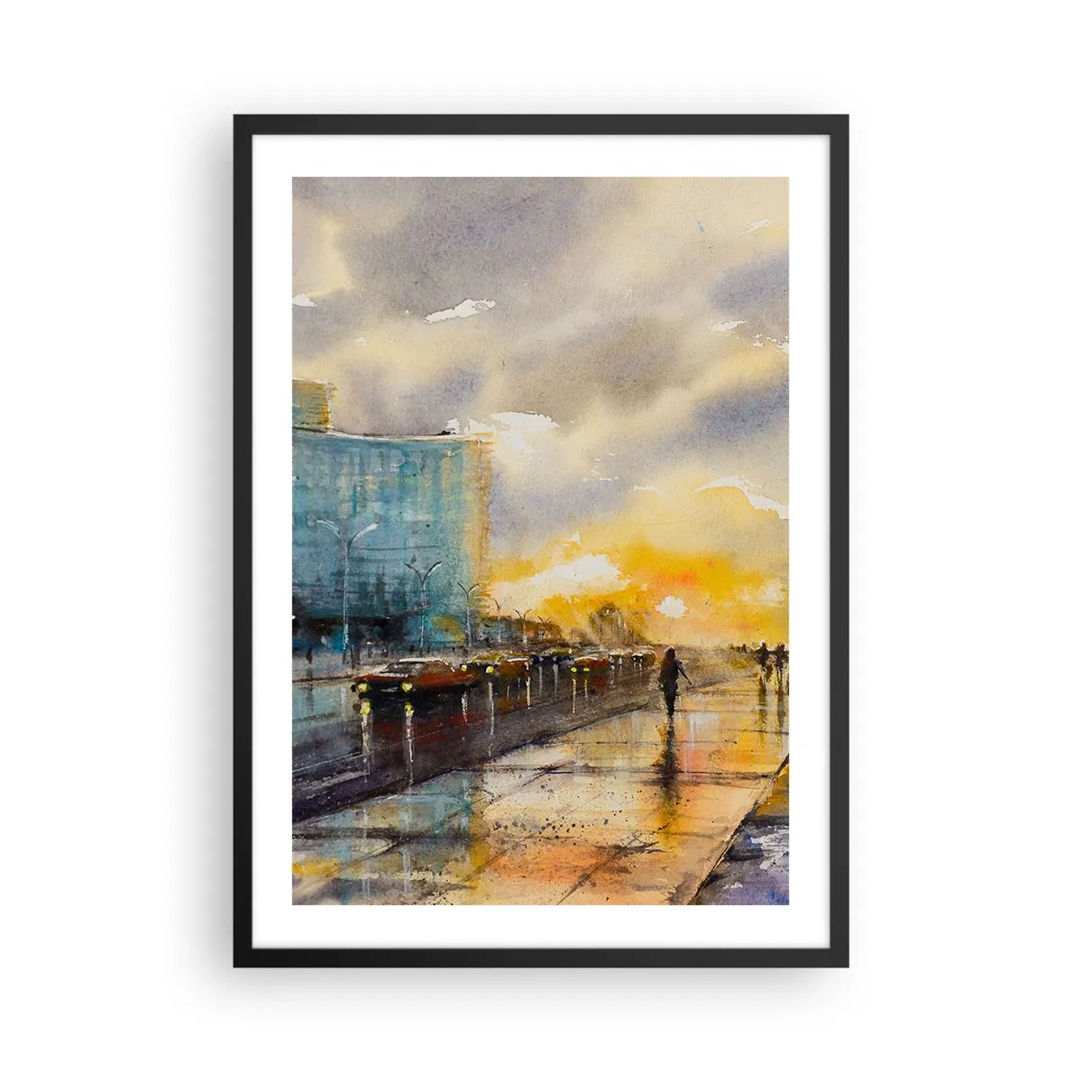 Poster in einem schwarzem Rahmen - Eine malerische Straße im Regen bei Sonnenuntergang - 50x70cm - Leben am Ufer - Moderne Wanddekoration für Wohnzimmer und Schlafzimmer ARTTOR
