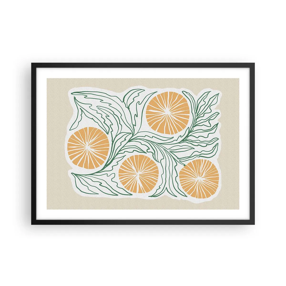 Poster in einem schwarzem Rahmen - Ein minimalistisches orangefarbenes Motiv mit grünen Blättern - 70x50cm - Ethnisch mit einem Hauch von Abstraktion - Moderne Wanddekoration für Wohnzimmer und Schlafzimmer ARTTOR