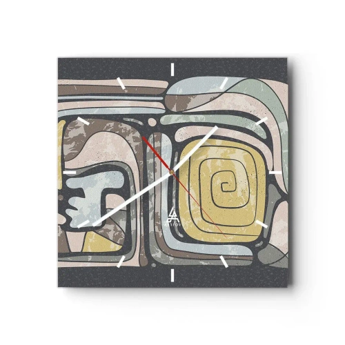 Wanduhr - Glasuhr - Präkolumbianische Muster in Pastellfarben auf dunklem Hintergrund - 30x30cm - Abstraktion im präkolumbianischen Geist - Moderne Wanddekoration für Wohnzimmer und Schlafzimmer ARTTOR