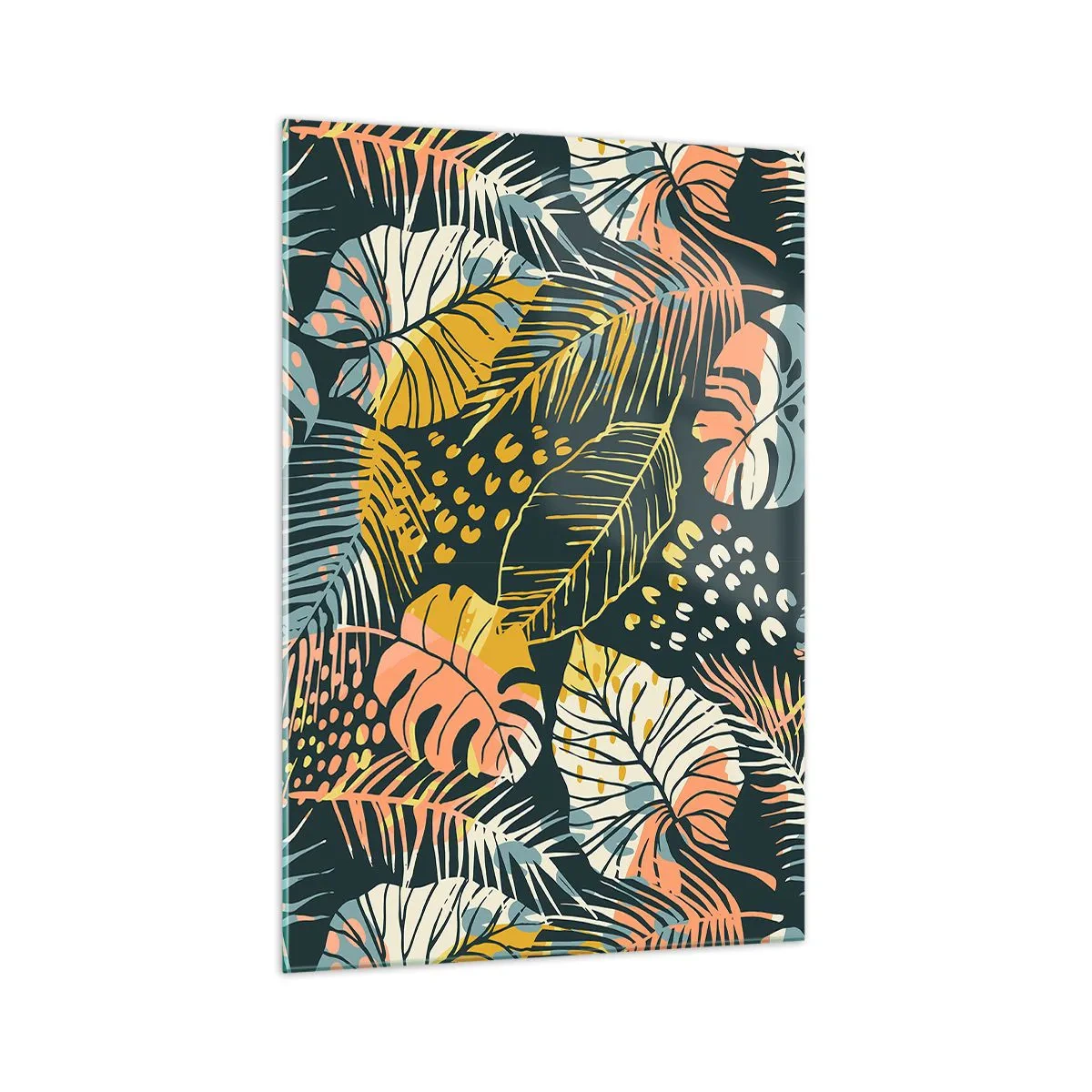 Glasbild - Bild auf glas - Bunte Blätter auf dunklem Hintergrund - 70x100cm - Grüne Fantasie - Moderne Wanddekoration für Wohnzimmer und Schlafzimmer ARTTOR