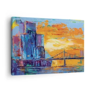Bild auf Leinwand - Leinwandbild - Eine farbenfrohe Stadt mit einer Brücke in der untergehenden Sonne - 70x50cm - Kultur und Natur - Moderne Wanddekoration für Wohnzimmer und Schlafzimmer ARTTOR