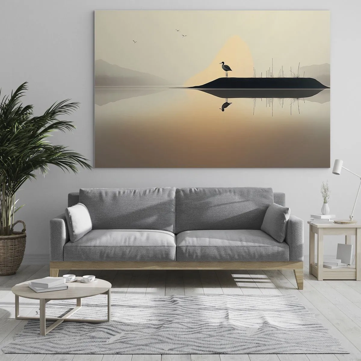 Glasbild - Bild auf glas - Ein Reiher steht auf einer Insel im ruhigen Wasser eines Sees - 100x70cm - Herr am See - Moderne Wanddekoration für Wohnzimmer und Schlafzimmer ARTTOR