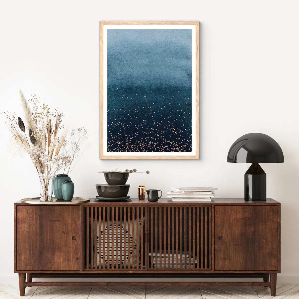 Poster in einem Rahmen aus heller Eiche - Komposition - blaue Phasen - 50x70 cm