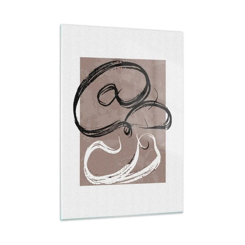 Glasbild - Bild auf glas - Dynamische Pinselstriche in Schwarz und Weiß auf beigem Hintergrund. - 50x70cm - Komposition – die Suche nach Fülle - Moderne Wanddekoration für Wohnzimmer und Schlafzimmer ARTTOR