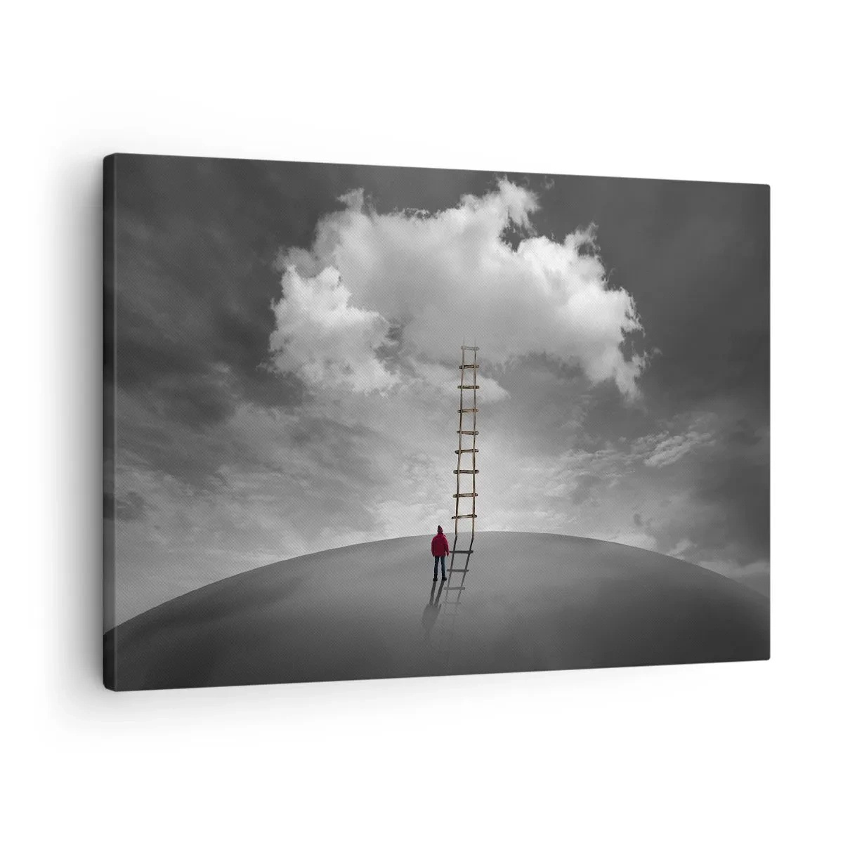 Bild auf Leinwand - Leinwandbild - Eine Person in einem roten Mantel und eine Leiter, die zu einer Wolke führt - 70x50cm - Alles ist möglich - Moderne Wanddekoration für Wohnzimmer und Schlafzimmer ARTTOR
