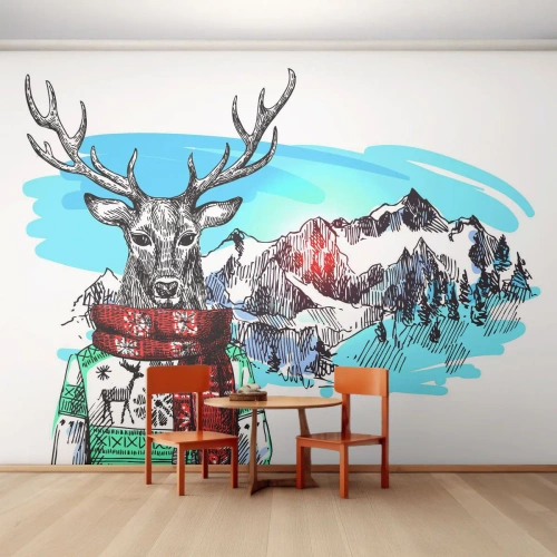 Fototapete Premium Sand - Ein Hirsch in einem Winterpullover und Schal vor einer Berglandschaft - 100x70cm - Auch ein Reh friert nicht - Moderne Wanddekoration für Wohnzimmer und Schlafzimmer ARTTOR