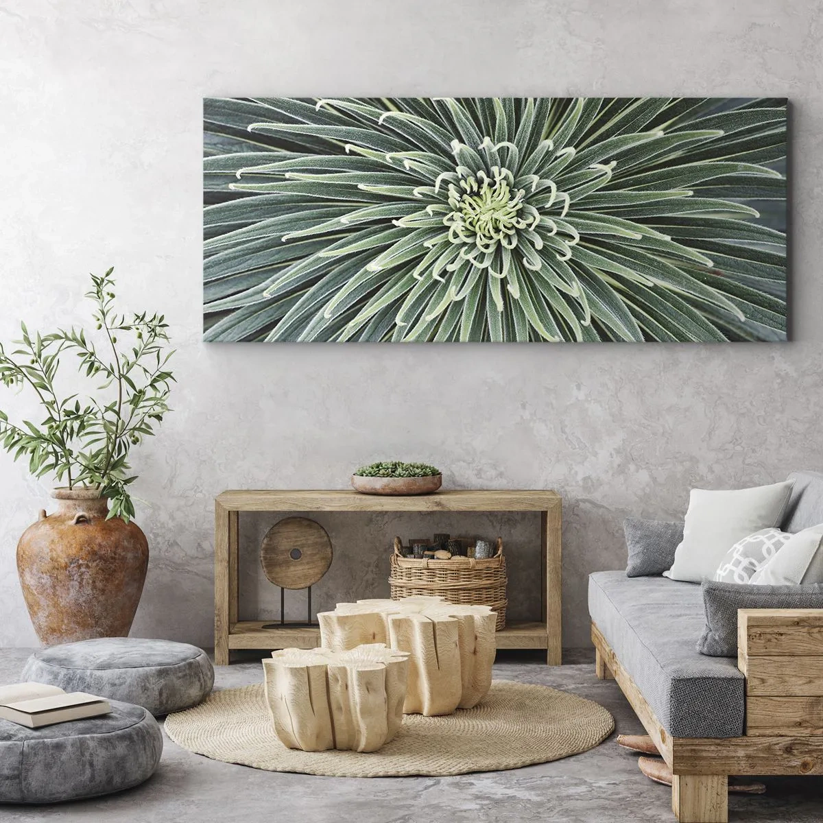 Bild auf Leinwand - Leinwandbild - Symmetrische Anordnung grüner Blätter, die einem Stern ähneln - 160x50cm - Ein Star ist geboren - Moderne Wanddekoration für Wohnzimmer und Schlafzimmer ARTTOR