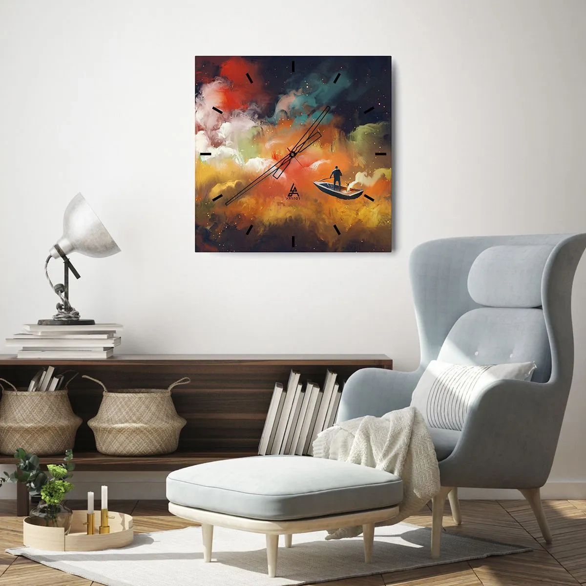 Wanduhr - Glasuhr - Eine Figur in einem Boot vor einem Hintergrund aus bunten Wolken - 30x30cm - Mit dem Boot durch die Galaxie - Moderne Wanddekoration für Wohnzimmer und Schlafzimmer ARTTOR